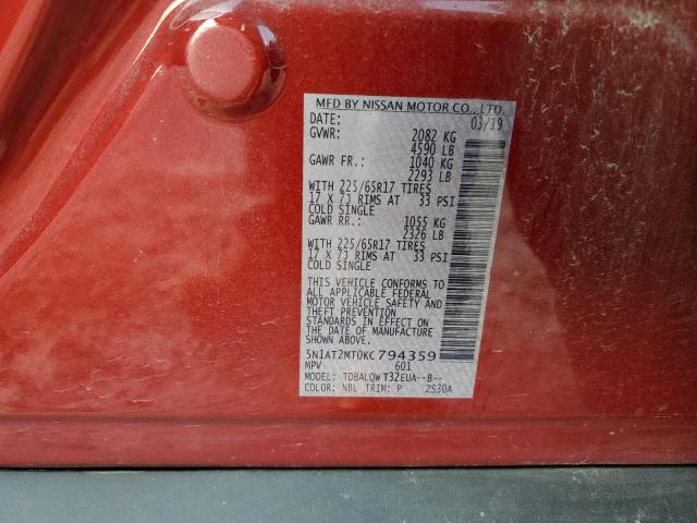 5N1AT2MT0KC794359 - 2019 NISSAN ROGUE S RED photo 12