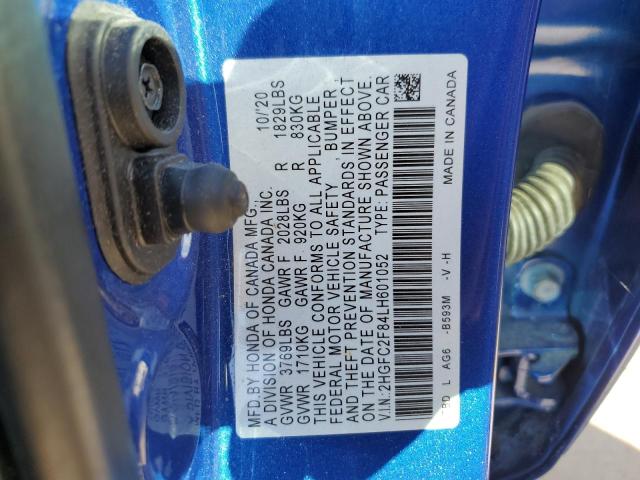 2HGFC2F84LH601052 - 2020 HONDA CIVIC SPORT BLUE photo 12