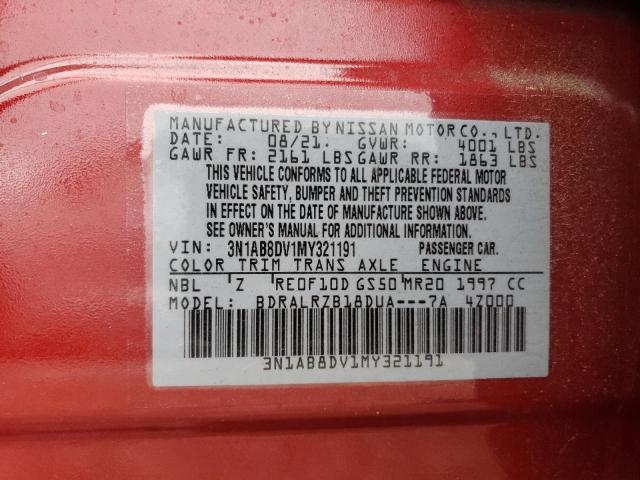 3N1AB8DV1MY321191 - 2021 NISSAN SENTRA SR RED photo 12