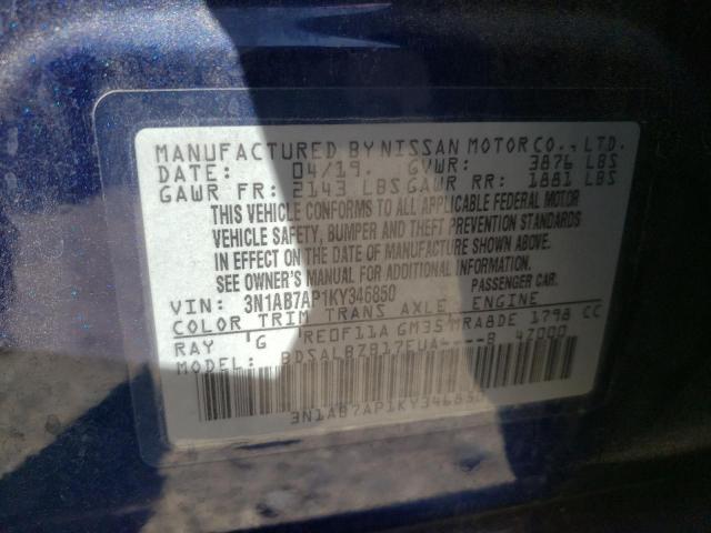 3N1AB7AP1KY346850 - 2019 NISSAN SENTRA S BLUE photo 12