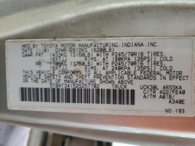 5TBRT34152S257702 - 2002 TOYOTA TUNDRA ACCESS CAB ოქროსფერი ფოტო 12