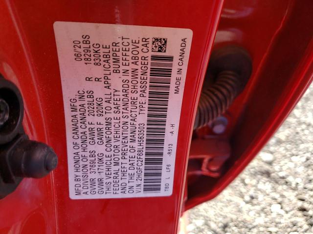 2HGFC2F68LH563503 - 2020 HONDA CIVIC LX RED photo 12