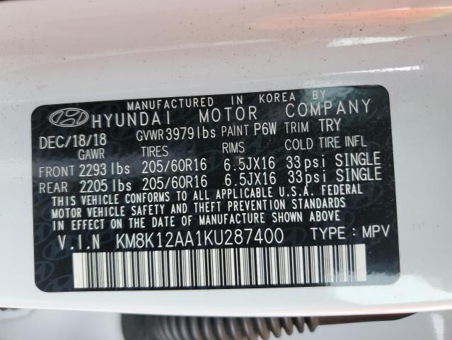 KM8K12AA1KU287400 - 2019 HYUNDAI KONA SE WHITE photo 12