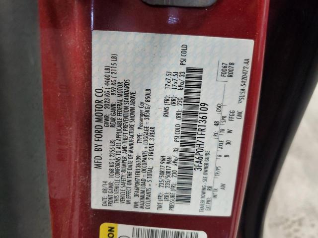 3FA6P0H71FR136109 - 2015 FORD FUSION SE RED photo 12