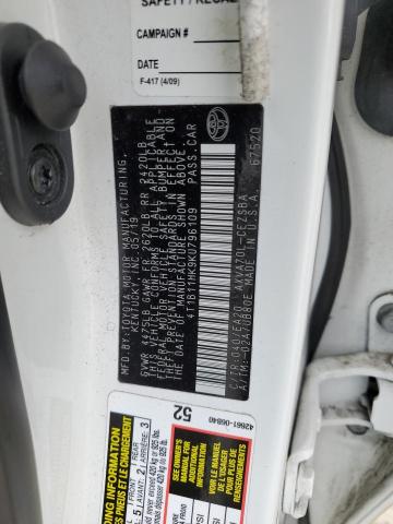 4T1B11HK9KU796109 - 2019 TOYOTA CAMRY L WHITE photo 13