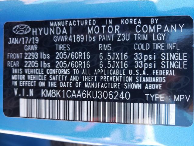 KM8K1CAA6KU306240 - 2019 HYUNDAI KONA SE BLUE photo 12