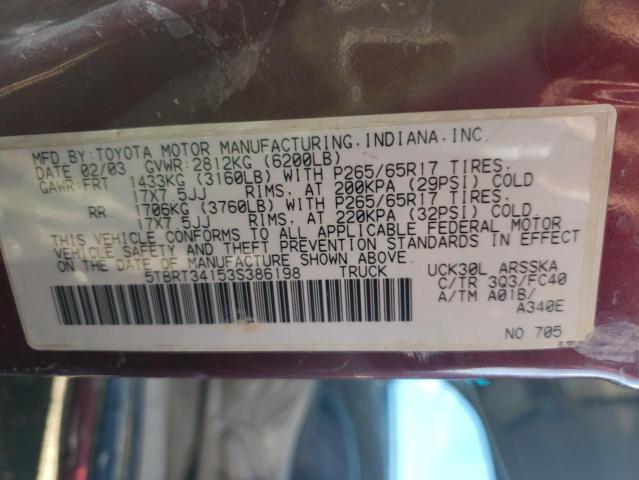 5TBRT34153S386198 - 2003 TOYOTA TUNDRA ACCESS CAB SR5 MAROON photo 12