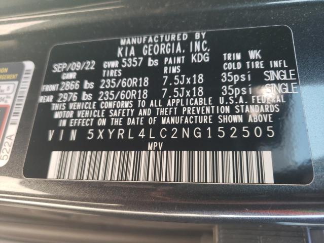 5XYRL4LC2NG152505 - 2022 KIA SORENTO S CHARCOAL photo 12