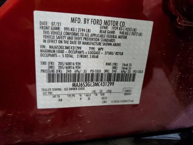 MAJ6S3GL3MC431299 - 2021 FORD ECOSPORT SE BURGUNDY photo 12