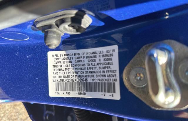 19XFC2F82KE029746 - 2019 HONDA CIVIC SPORT ლურჯი ფოტო 10