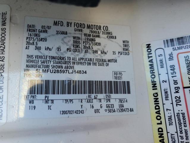 5LMFU28597LJ14834 - 2007 LINCOLN NAVIGATOR თეთრი ფოტო 13