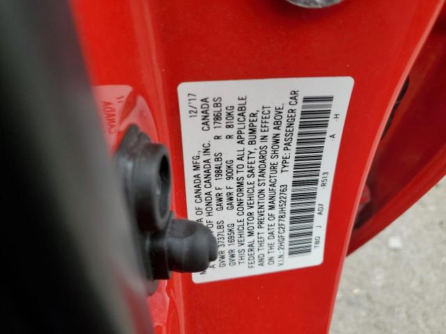 2HGFC2F78JH522763 - 2018 HONDA CIVIC EX RED photo 12