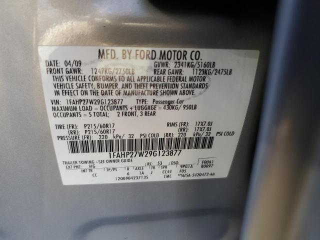 1FAHP27W29G123877 - 2009 FORD TAURUS SEL SILVER photo 12