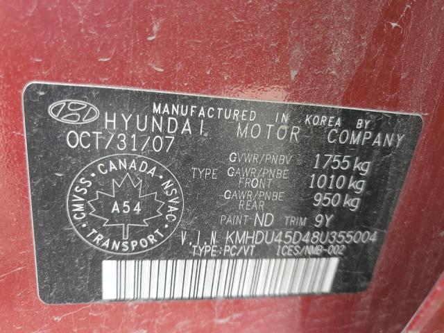 KMHDU45D48U355004 - 2008 HYUNDAI ELANTRA GL RED photo 12