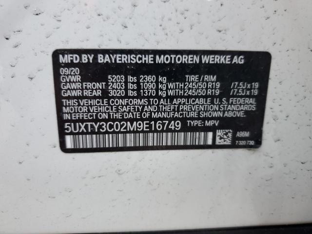 5UXTY3C02M9E16749 - 2021 BMW X3 SDRIVE30I WHITE photo 12