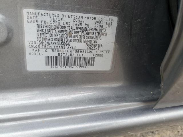 3N1CN7APXGL839947 - 2016 NISSAN VERSA S GRAY photo 12