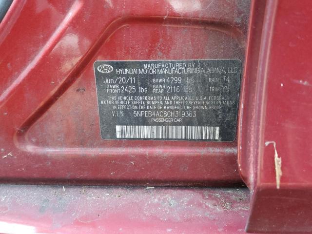 5NPEB4AC8CH319363 - 2012 HYUNDAI SONATA GLS RED photo 12