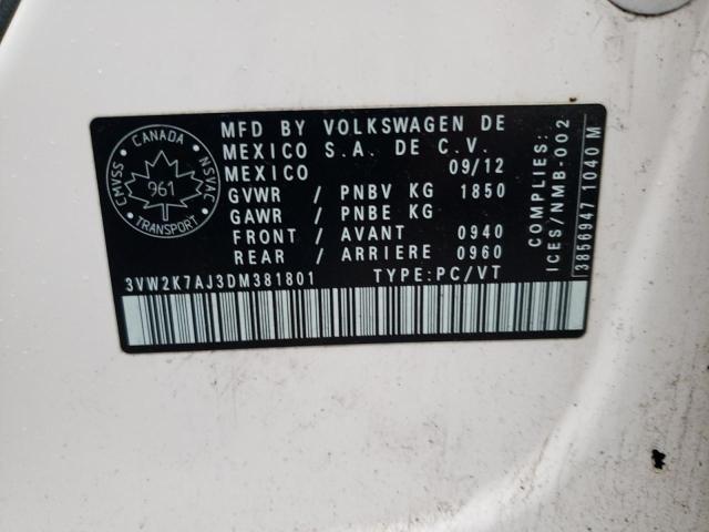 3VW2K7AJ3DM381801 - 2013 VOLKSWAGEN JETTA BASE WHITE photo 12