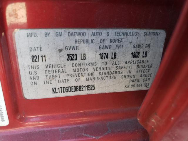 KL1TD5DE0BB211525 - 2011 CHEVROLET AVEO LS 红色 照片 12