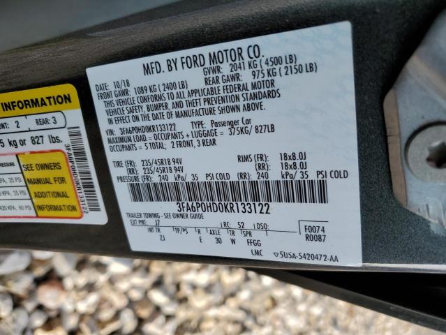 3FA6P0HD0KR133122 - 2019 FORD FUSION SE CHARCOAL photo 13