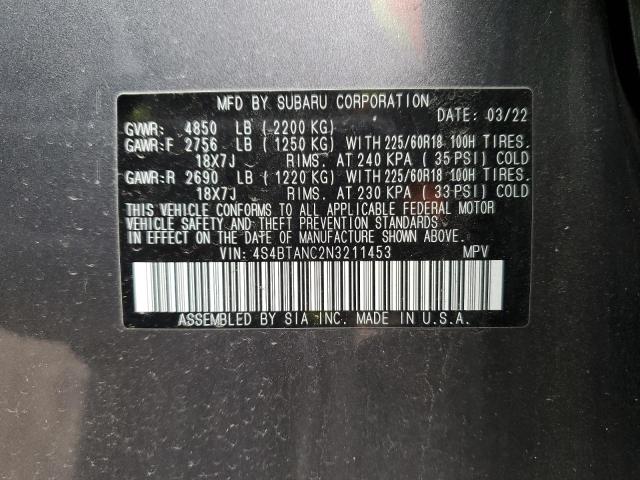 4S4BTANC2N3211453 - 2022 SUBARU OUTBACK LI CHARCOAL photo 12