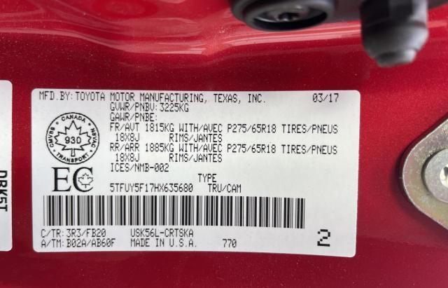 5TFUY5F17HX635680 - 2017 TOYOTA TUNDRA DOUBLE CAB SR/SR5 MAROON photo 10