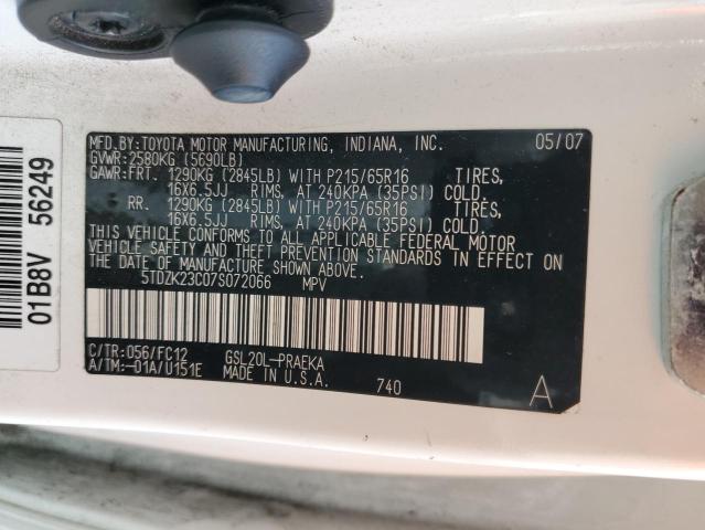 5TDZK23C07S072066 - 2007 TOYOTA SIENNA CE WHITE photo 13