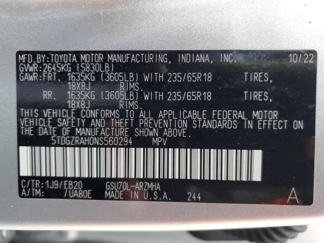 5TDGZRAH0NS560294 - 2022 TOYOTA HIGHLANDER XLE 银色 照片 14