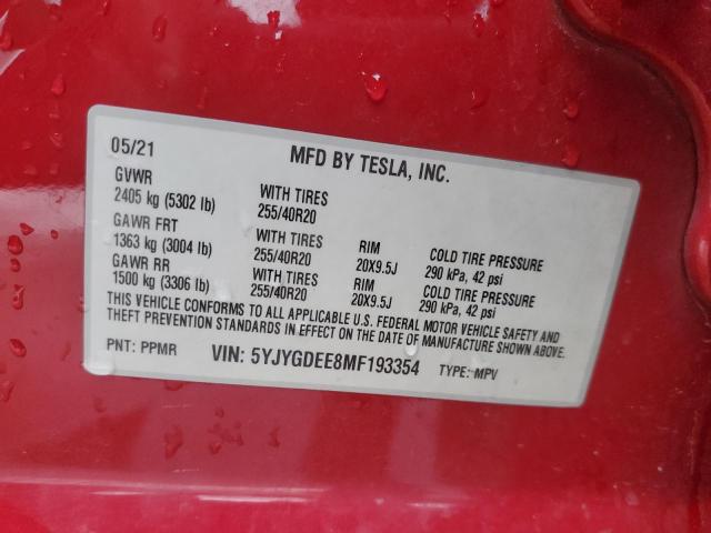 5YJYGDEE8MF193354 - 2021 TESLA MODEL Y 红色 照片 13