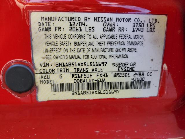 3N1AB51AX5L511697 - 2005 NISSAN SENTRA SE-R SPEC V RED photo 12