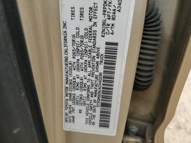 5TEGM92N14Z440296 - 2004 TOYOTA TACOMA DOUBLE CAB PRERUNNER GOLD photo 12