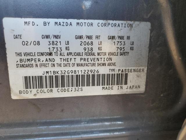 JM1BK32G981122926 - 2008 MAZDA 3 I GRAY photo 12