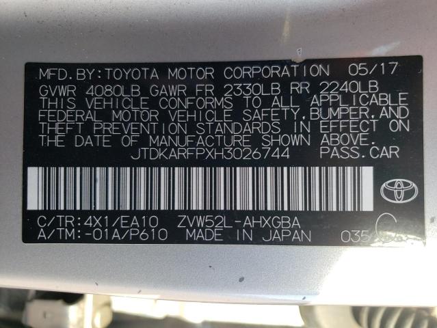 JTDKARFPXH3026744 - 2017 TOYOTA PRIUS PRIM 银色 照片 12