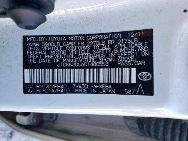 JTDKN3DU6C1480553 - 2012 TOYOTA PRIUS WHITE photo 12