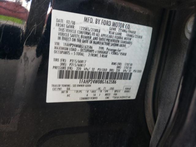 1FAHP24W08G163586 - 2008 FORD TAURUS SEL BLACK photo 12