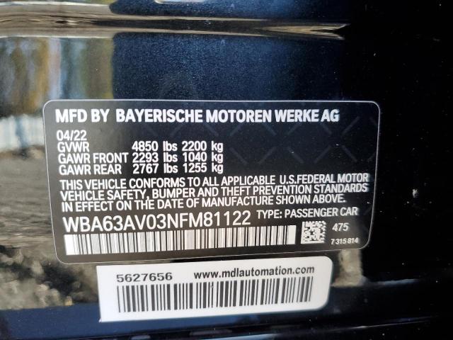 WBA63AV03NFM81122 - 2022 BMW 430I GRAN COUPE BLACK photo 12