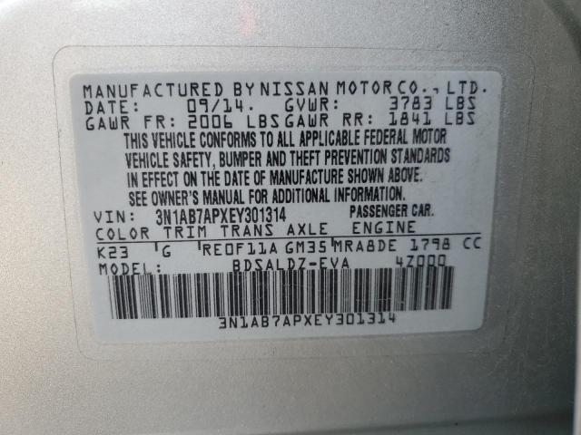 3N1AB7APXEY301314 - 2014 NISSAN SENTRA S SILVER photo 13