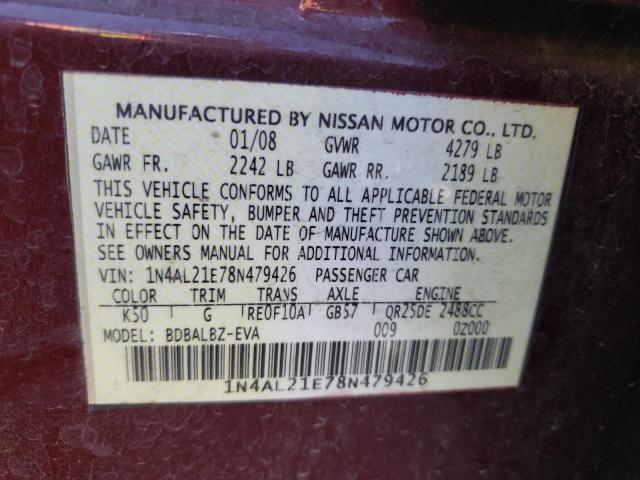 1N4AL21E78N479426 - 2008 NISSAN ALTIMA 2.5 MAROON photo 12