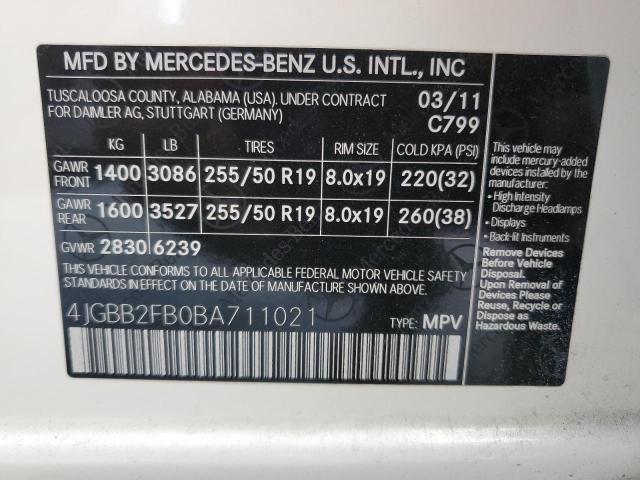 4JGBB2FB0BA711021 - 2011 MERCEDES-BENZ ML 350 BLUETEC WHITE photo 14