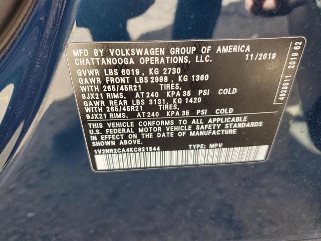 1V2NR2CA4KC621544 - 2019 VOLKSWAGEN ATLAS SEL PREMIUM BLUE photo 13