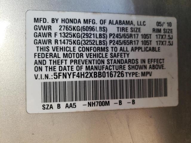 5FNYF4H2XBB016726 - 2011 HONDA PILOT LX SILVER photo 13