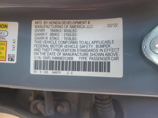 19XFL1H84NE012409 - 2022 HONDA CIVIC SPORT TOURING GRAY photo 12