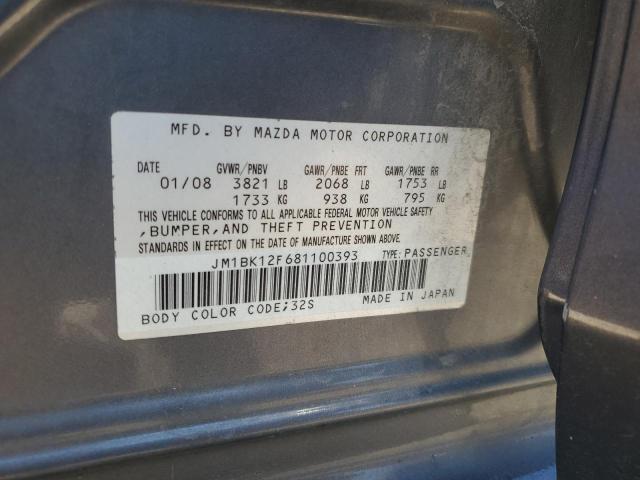 JM1BK12F681100393 - 2008 MAZDA 3 I GRAY photo 12