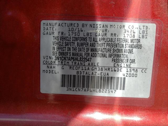 3N1CN7AP6HL822547 - 2017 NISSAN VERSA S RED photo 13