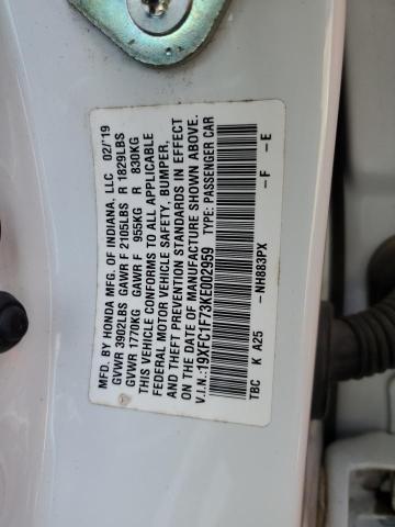19XFC1F73KE002959 - 2019 HONDA CIVIC EXL Ağ foto 12