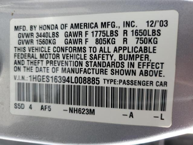 1HGES16394L008885 - 2004 HONDA CIVIC DX VP SILVER photo 13