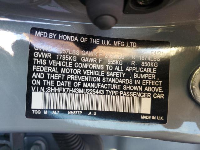 SHHFK7H43MU225443 - 2021 HONDA CIVIC SPORT 灰色 照片 12