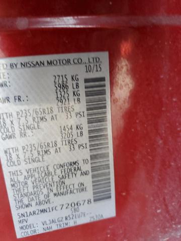 5N1AR2MN1FC720678 - 2015 NISSAN PATHFINDER S 红色 照片 12