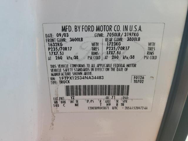 1FTPX12534NA34483 - 2004 FORD F150 WHITE photo 12