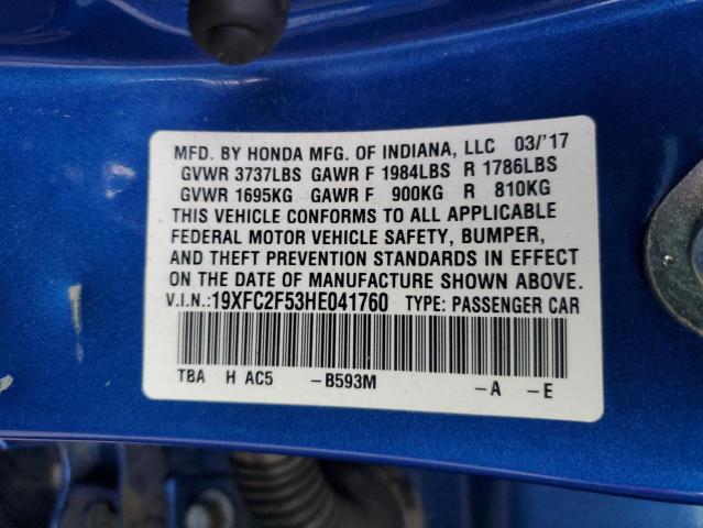 19XFC2F53HE041760 - 2017 HONDA CIVIC LX BLUE photo 13